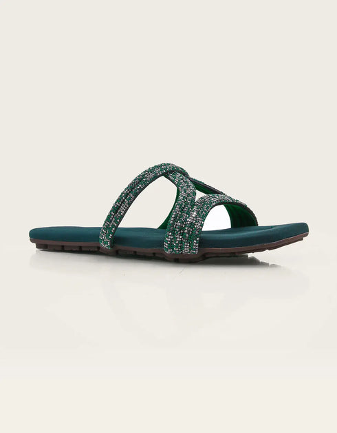Verlina Green Beaded Flats with Crossover Straps – Essence by Rubina